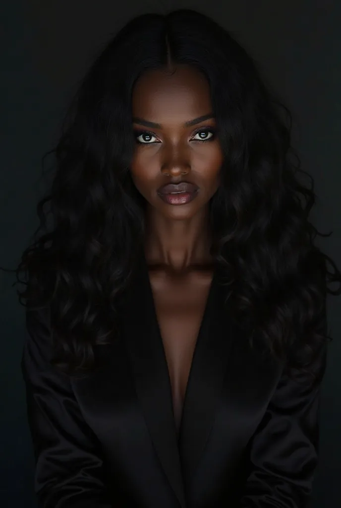 a black woman of ethereal and enigmatic beauty, At 45 years of age, whose presence radiates an aura of mystery and seduction.  His long black hair , silky and slightly wavy,  fall naturally over the shoulders , framing a face with delicate and sculpted fea...