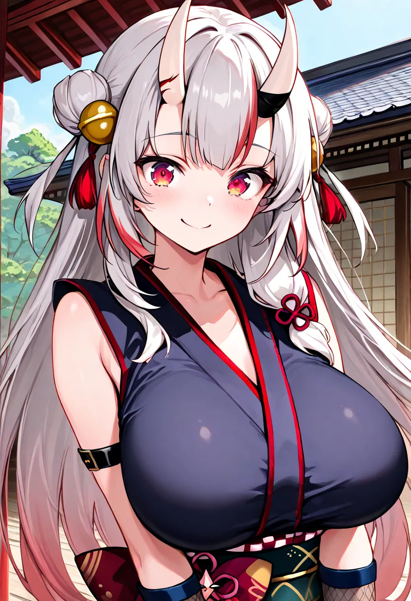 (Highest quality , 8k , masterpiece , incredibly absurdres , perfect body , super detailed skin , highly detailed eyes and face , 1 woman ) ,  nakiri ayame , Silver Hair , red eyes , demon horn , smile ,  will be happy , ( ninja , sleeveless, band , japane...