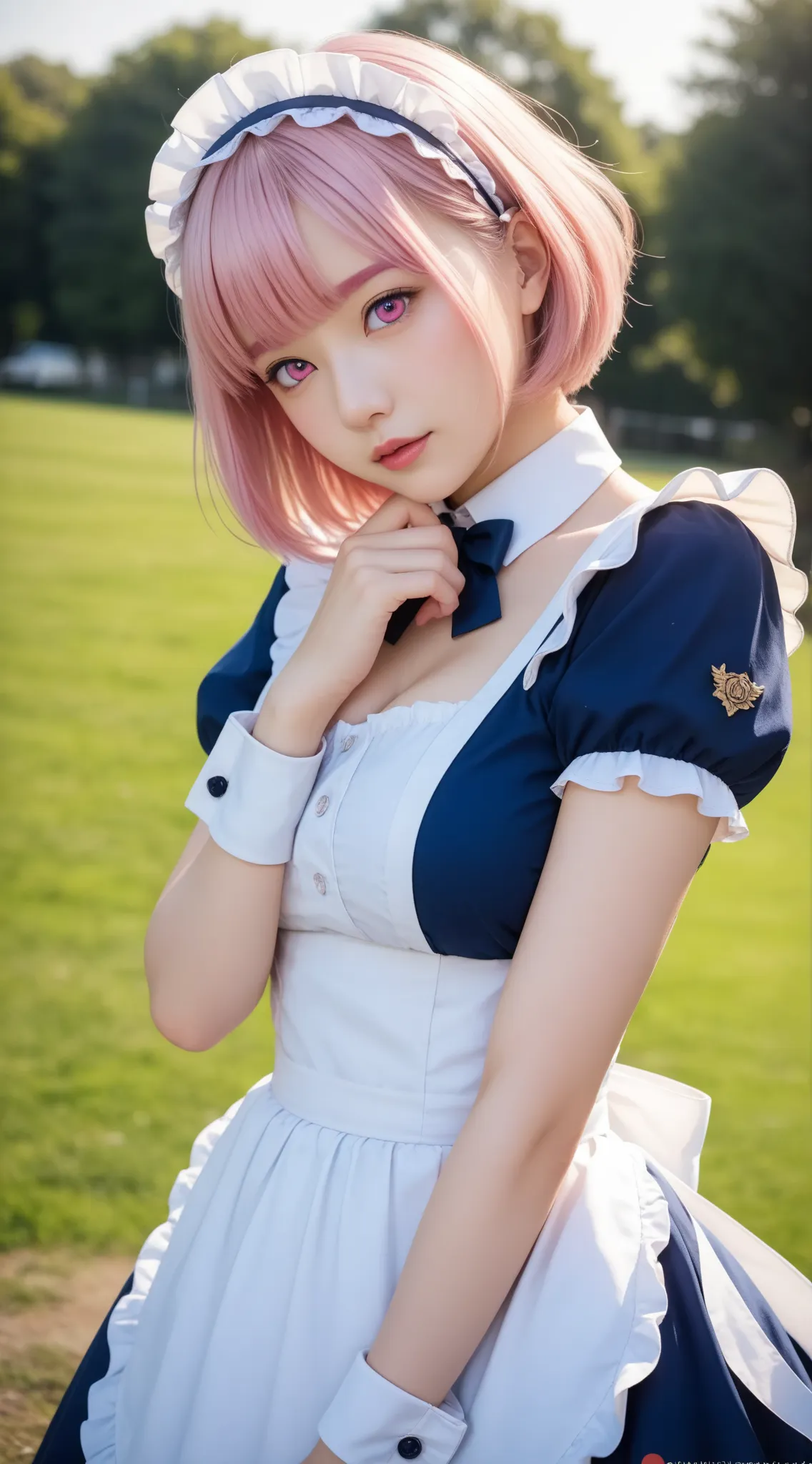 ((A large square on the park's lawn:1.2、girl wearing an orthodox navy blue maid outfit:1.5、Short sleeve、break、detailed pink short hair:2.0、straight hair、Frilly headband、 right eye is hidden by bangs:1.5、pink eyes、Detailed and thin pink eyebrows、Detailed an...