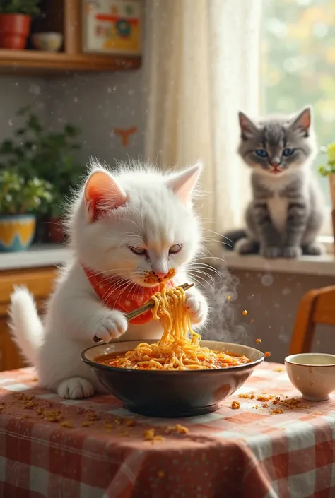 A fluffy white kitten sitting at a small table, eating a bowl of steaming hot noodles with its tiny paws. The kitten's cheeks are puffed up as it slurps the noodles, and its tail wags happily. The background is a cozy kitchen with warm lighting, and the sc...