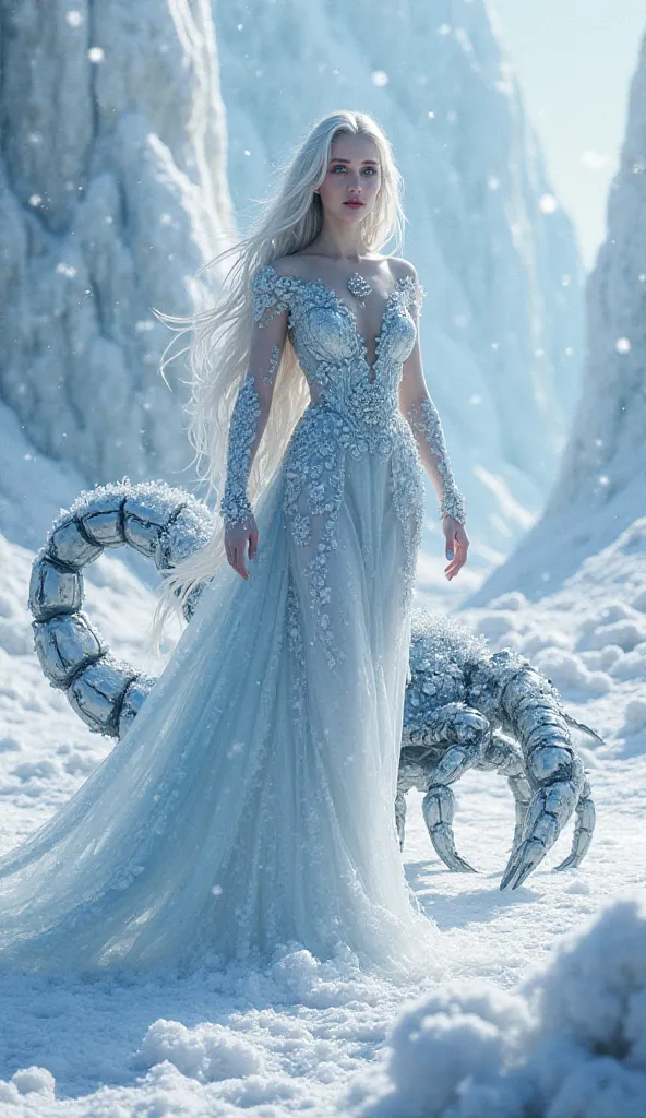 *"Draw a breathtaking ice queen standing in the middle of the Arctic tundra. She has long, flowing silver hair, flawless pale skin, and cold, piercing eyes that radiate power. She wears a stunning ice dress in shades of white and blue, intricately designed...