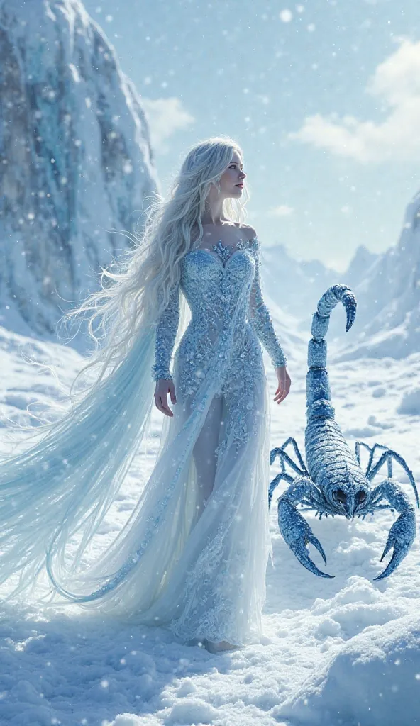 *"Draw a breathtaking ice queen standing in the middle of the Arctic tundra. She has long, flowing silver hair, flawless pale skin, and cold, piercing eyes that radiate power. She wears a stunning ice dress in shades of white and blue, intricately designed...