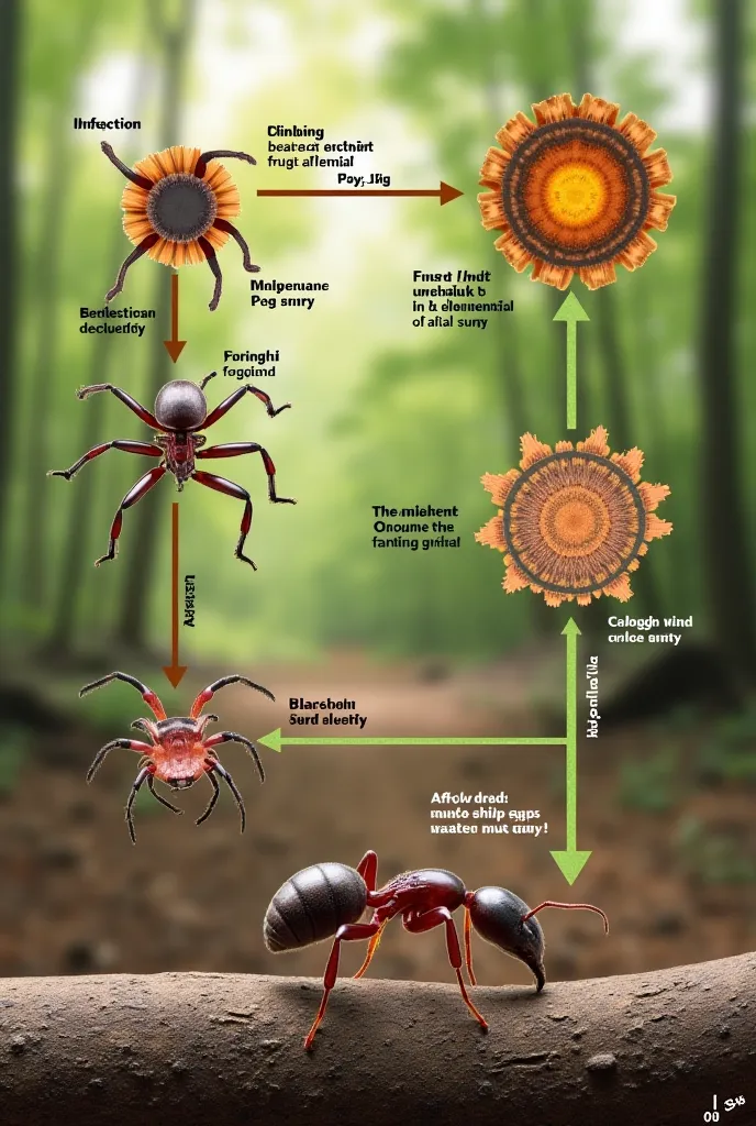 "A labeled diagram showing the life cycle of the Cordyceps fungus infecting an ant. Arrows connect different phases: infection, mind control, climbing behavior, fungal burst, and spore spread. The background is a blurred forest floor."