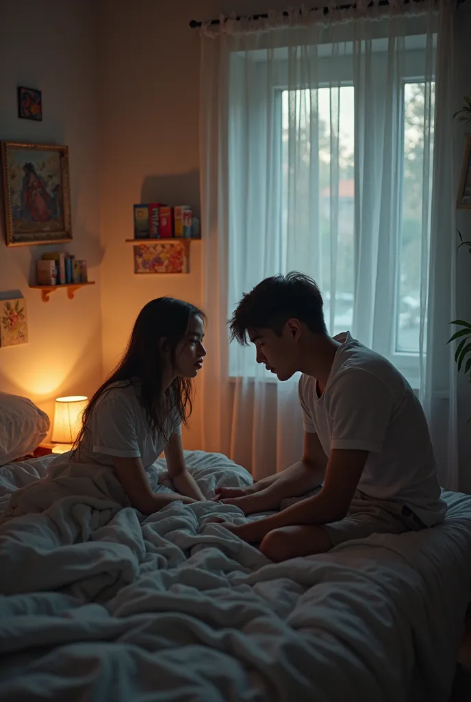 They were talking with the each others girlfriend and boyfriend and the name of the girl was she was very pretty and beautiful Please make a picture of a boy who is 18 years old sleeping in his room where the room is filled with the cupboard bed and his st...