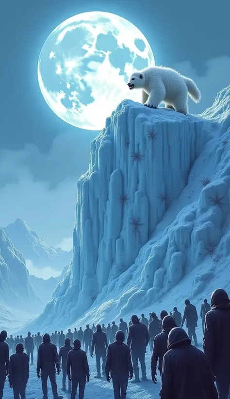 A massive ice hill rises at the edge of the valley, glowing under the full moon. The white fluffy  yeti climbs with ease, his powerful claws gripping the frozen surface. His fluffy white cute yeti's  clings to him,  tiny face peeking over his yeti's should...