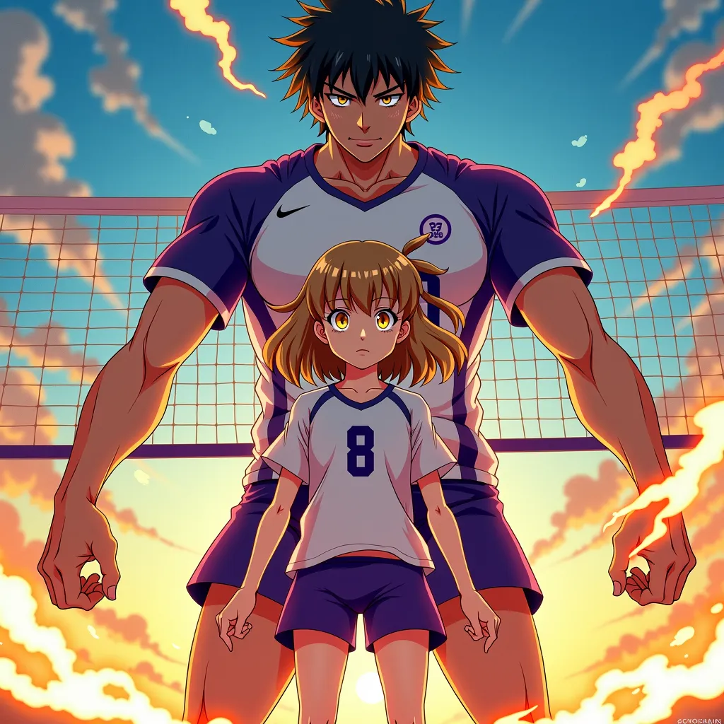 haikyuu style screenshot, Light brown curvy medium-haired girl with long bangs,  golden eyes, , dressed in a black sports outfit with purple details on a volleyball court, next to Tendou Satori