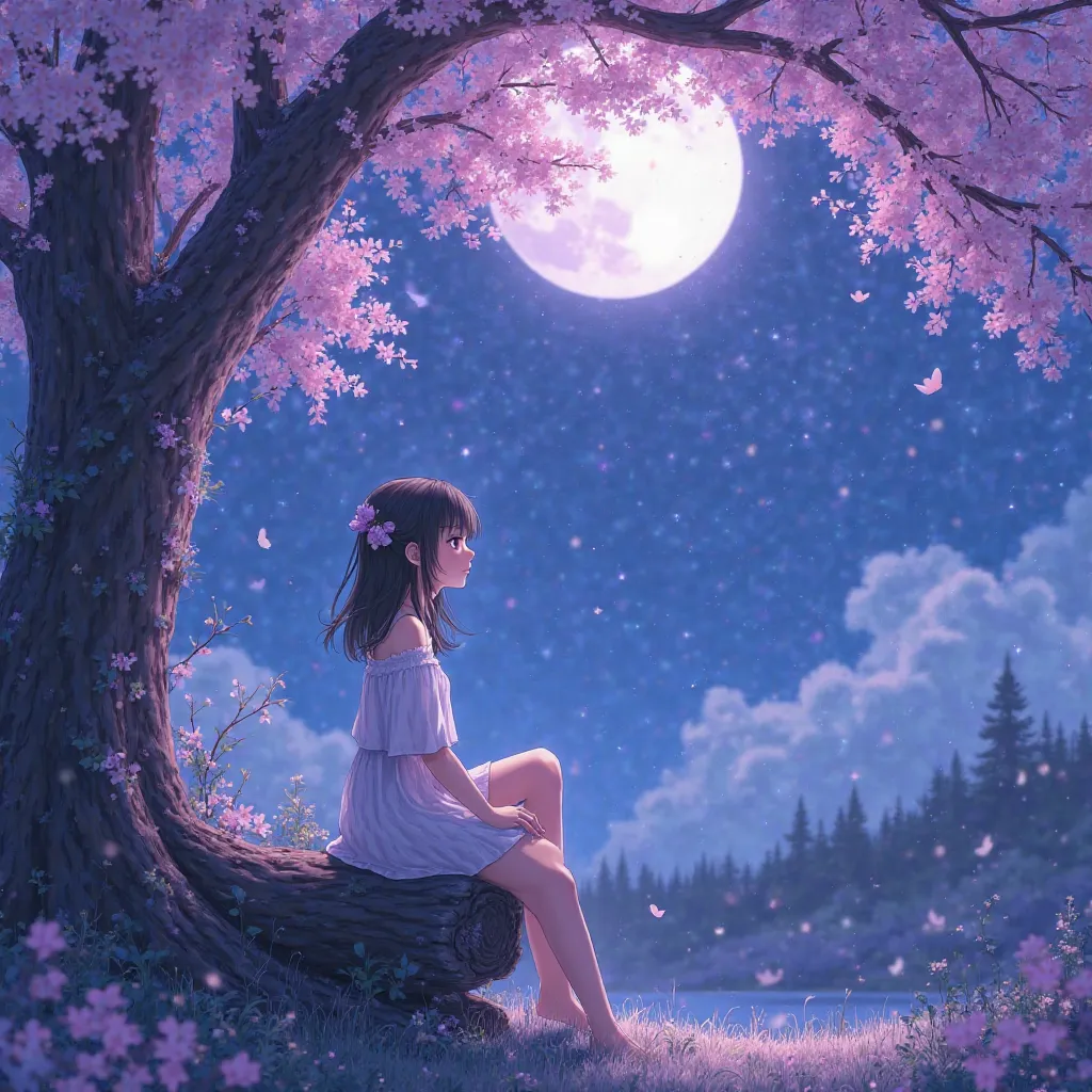 Create a girl , Anime Style ,  sitting on a trunk,  night, stars,  Full Moon,  cherry tree .but purple 