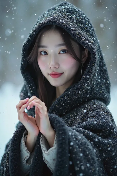  Real shot of a Korean model woman wearing a black pure white cloak with intricate embroidery and subtle silver sparkles ,  pale skin and pink lips that shine in the cold , Winter Background,  Her eyes reflected。soft glow of snow - covering the landscape ....