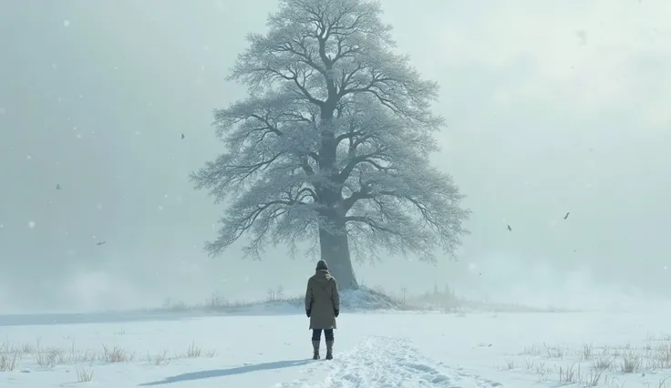 Person in the snow standing in front of the tree