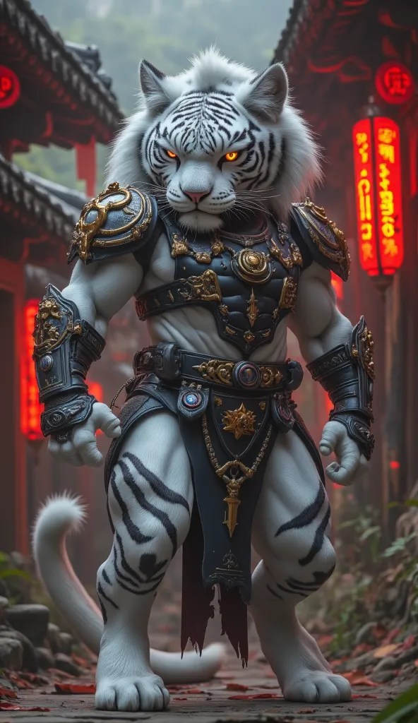 A majestic humanoid white tiger mascot, muscular and stylized, with a confident and determined expression, combining ferocity and approachability. Wearing a modern and streamlined black tactical vest, detailed with discreet reinforcements and gold finishes...