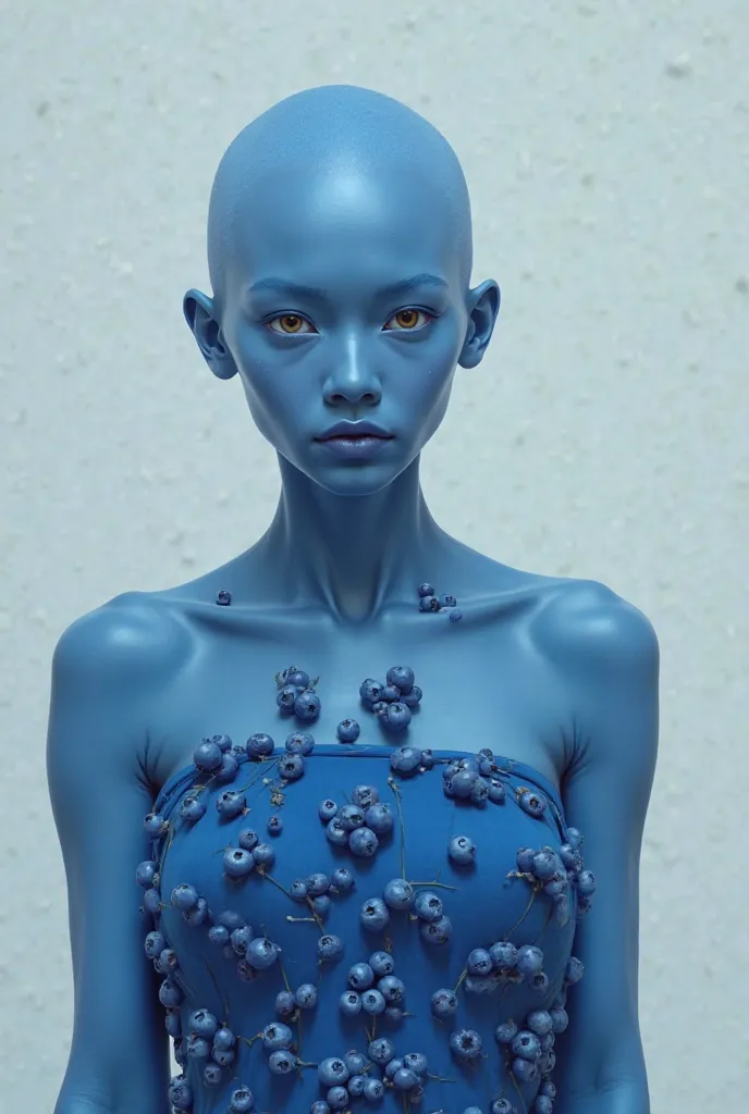 I want a picture of a realistic woman with blue skin and has no hair that is wearing a dress with blueberry on it 