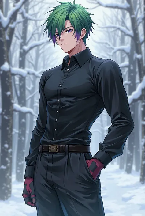  Anime boy,  Green hair with purple tips, short hair on the sides and longer on the top, violet eyes ,  muscular ,  black pants ,  black shirt,without gloves, winter clothes