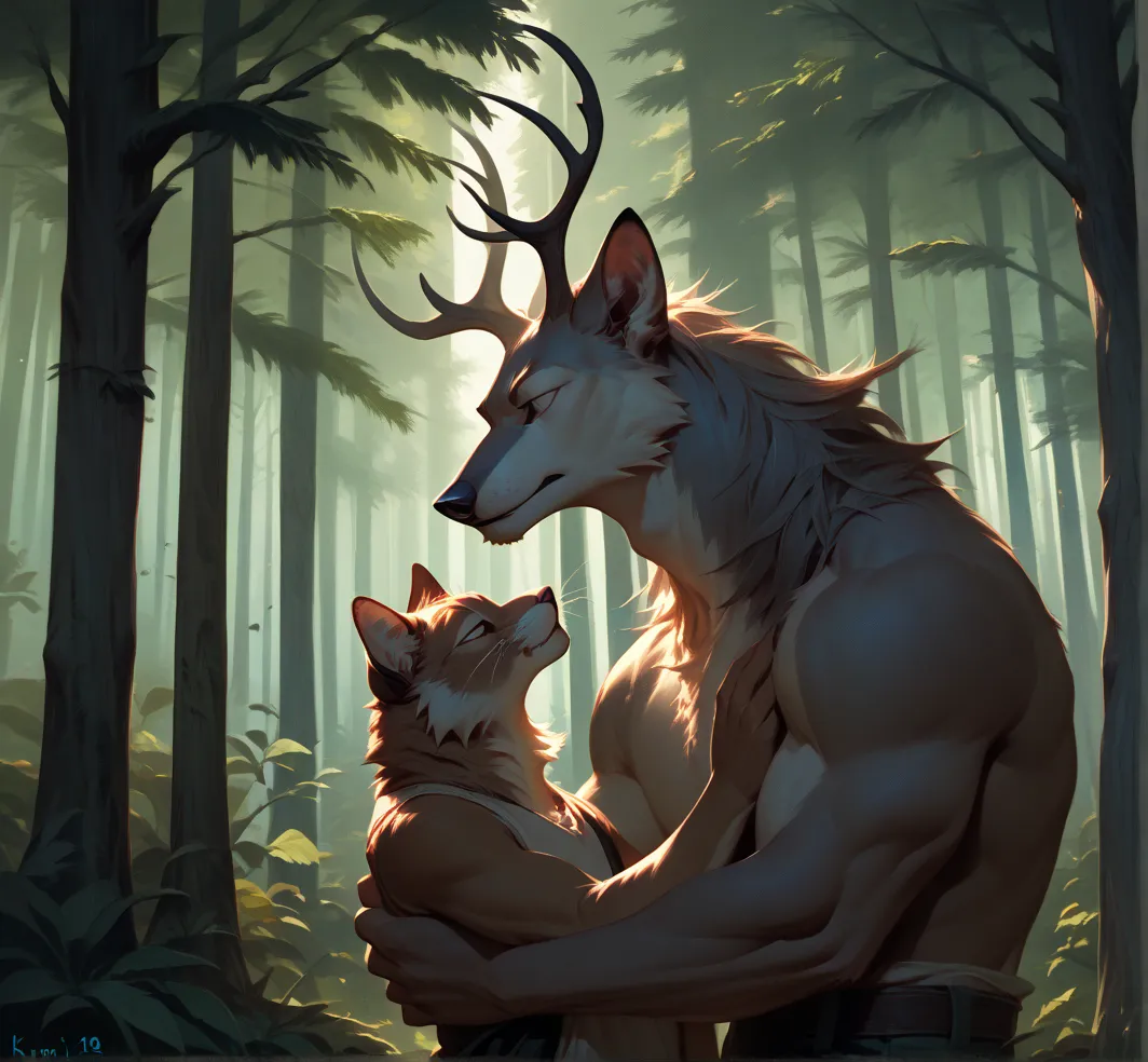 Wendigo furry and cat male furry, couple In love, hd furry art 