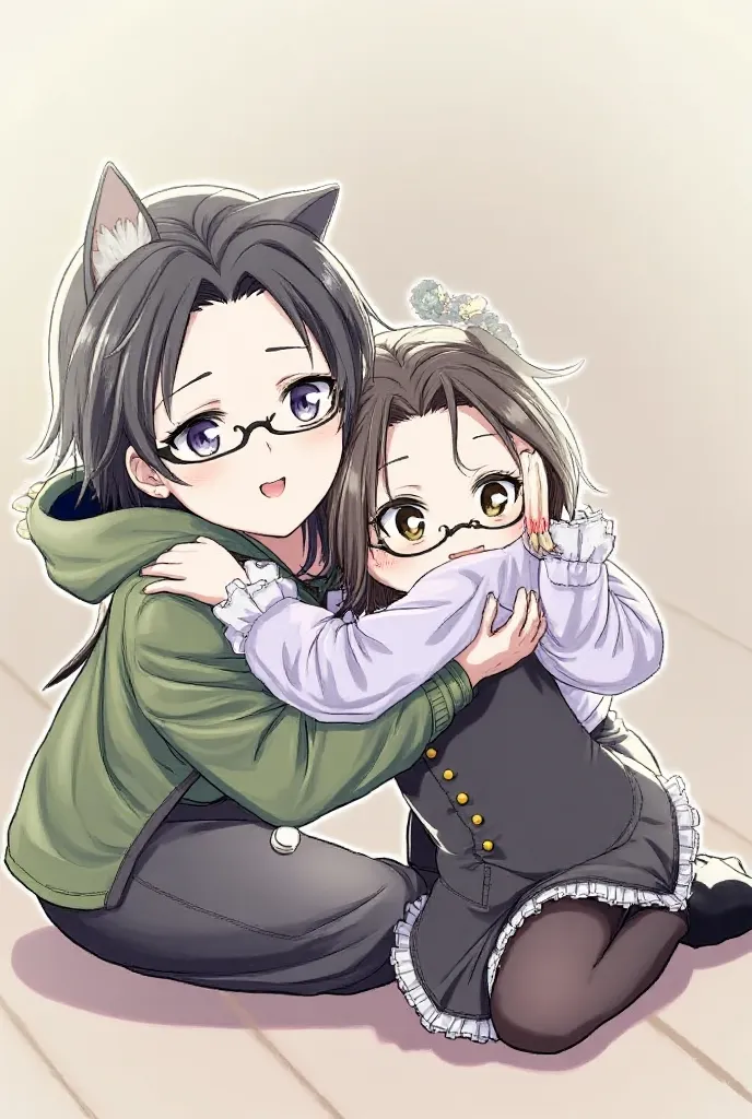 The image features an anime style drawing of a couple of 2 embracing on the floor. The young man on the left, has black hair with cat ears wearing a green jacket, black hair, cat ears, blue eyes, hood, pants and his expression is gentle and serene.

The yo...