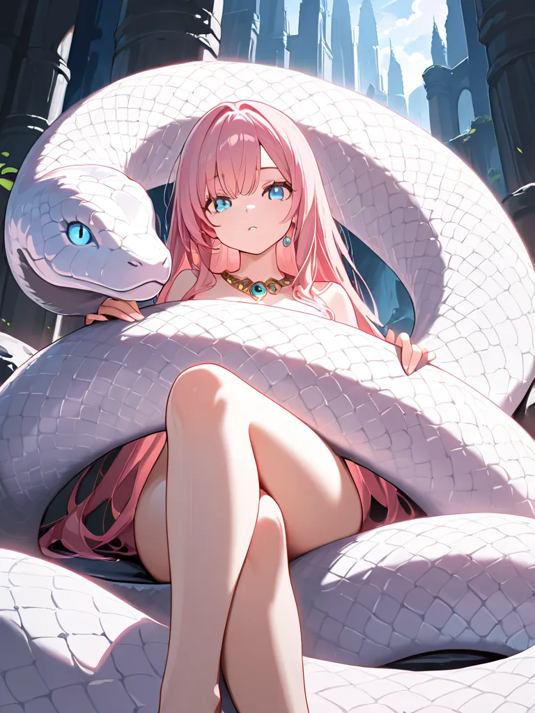 masterpiece, best quality, good quality, very aesthetic, absurdres, newest,1girl, naked, animal, blue eyes, crossed legs, giant snake, jewelry, long hair, oversized animal, pink hair, snake,
looking_at_viewer, Epic,Great,Motherly,sacred, Petting the snake ...