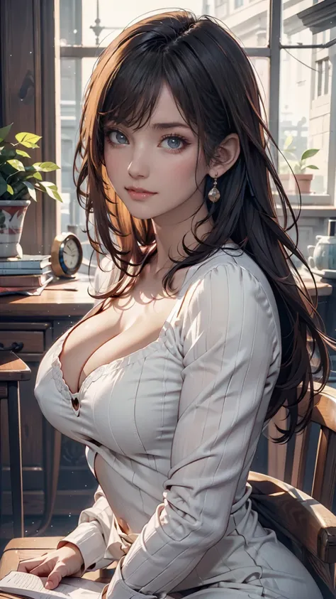 table top, Highest quality, shape, very detailed, finely, High Resolution,  8k Wallpaper, 完璧なダイナミックな構shape,  beautiful and delicate eyes,  natural lips , long lashes,  heavy makeup, smile、sexy knit dress , big breasts, Chest,  cleavage enhancement 、random ...