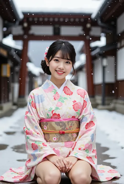 A petite young Japanese woman in her 20s wearing a modern kimono and smiling happily is sitting in front of the torii gate of a snowy shrine, (((Her arms are clasped behind her back and her legs are spread wide on both sides in an M-shape, showing off her ...