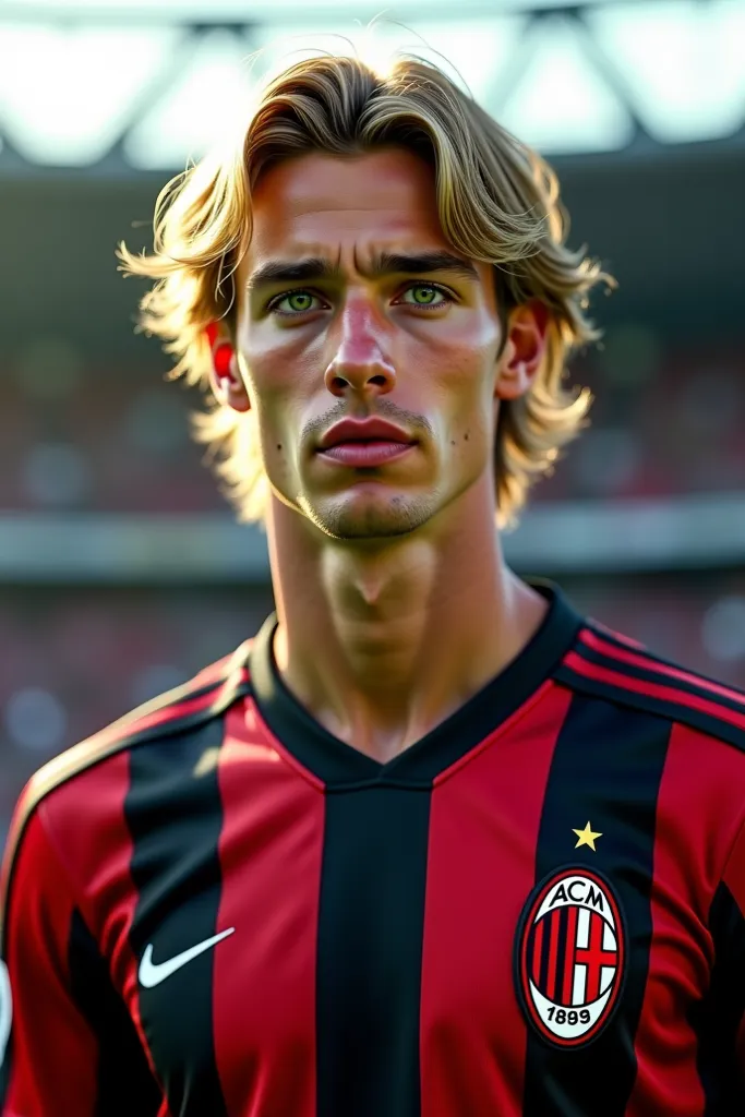 Create a photo of this fair-haired and green-eyed Spanish player wearing the 2010 AC MILAN uniform he's 28 years old