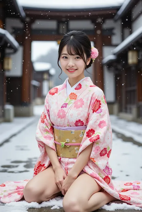 A petite young Japanese woman in her 20s wearing a modern kimono and smiling happily is sitting in front of the torii gate of a snowy shrine, (((Her arms are clasped behind her back and her legs are spread wide on both sides in an M-shape, showing off her ...