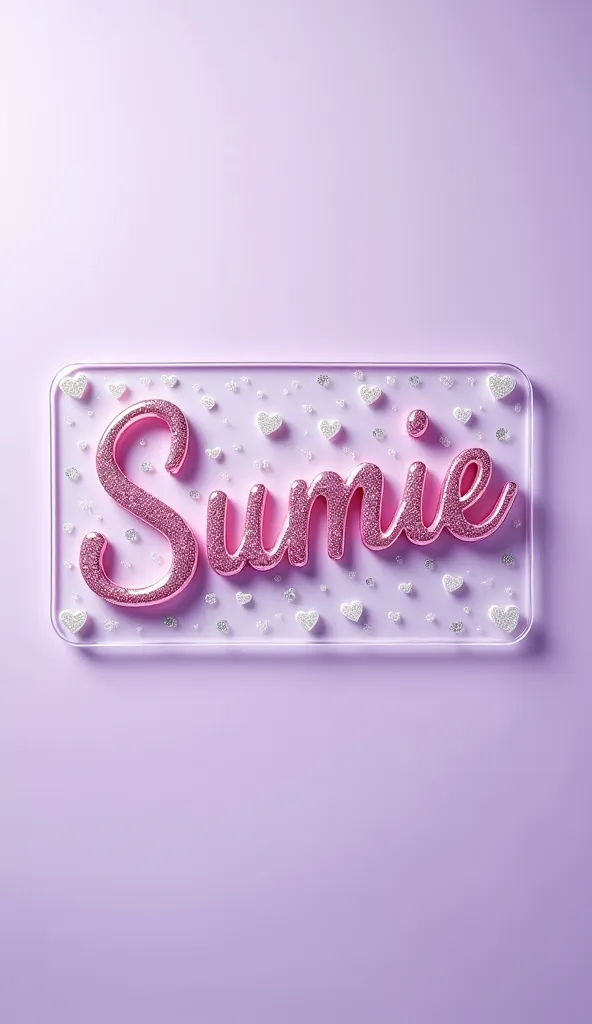 A transparent sign with “Sumie” written in a smaller font. The sign is shining and beautiful, with a great . The background has a dot pattern with glittering details, hearts, and a pastel white color scheme. The overall background is light purple.