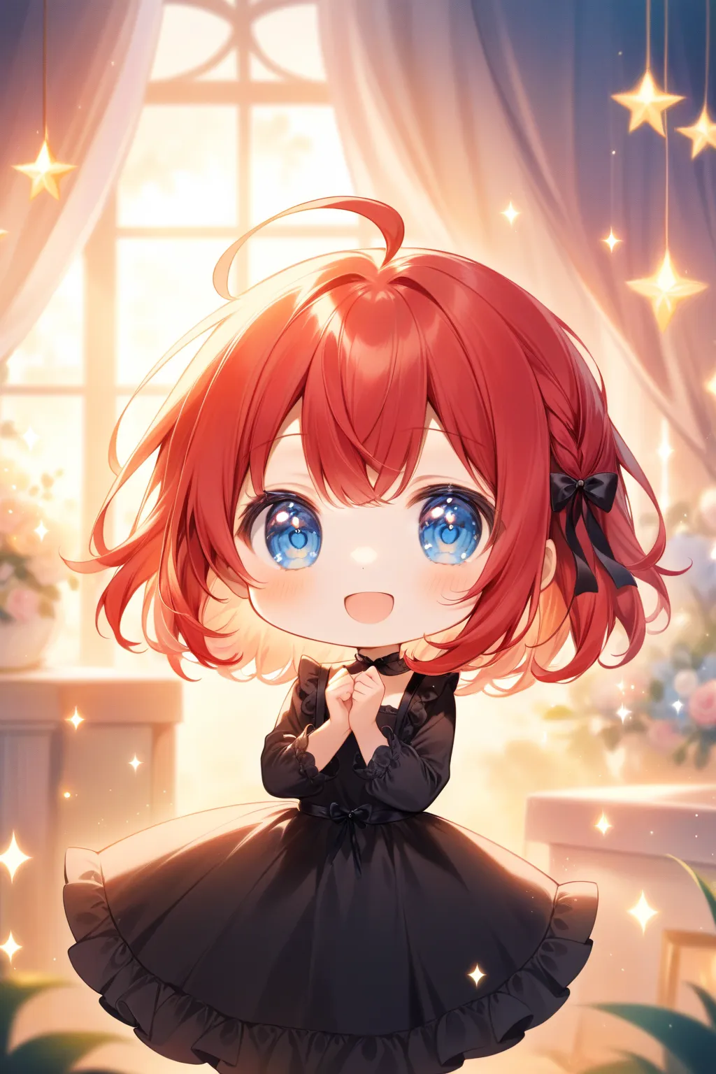 pastel colors, chibi, (little angel:1.5), 1girl, blue eye, messy hair,red hair, ahoge, black ribbon, black dress 