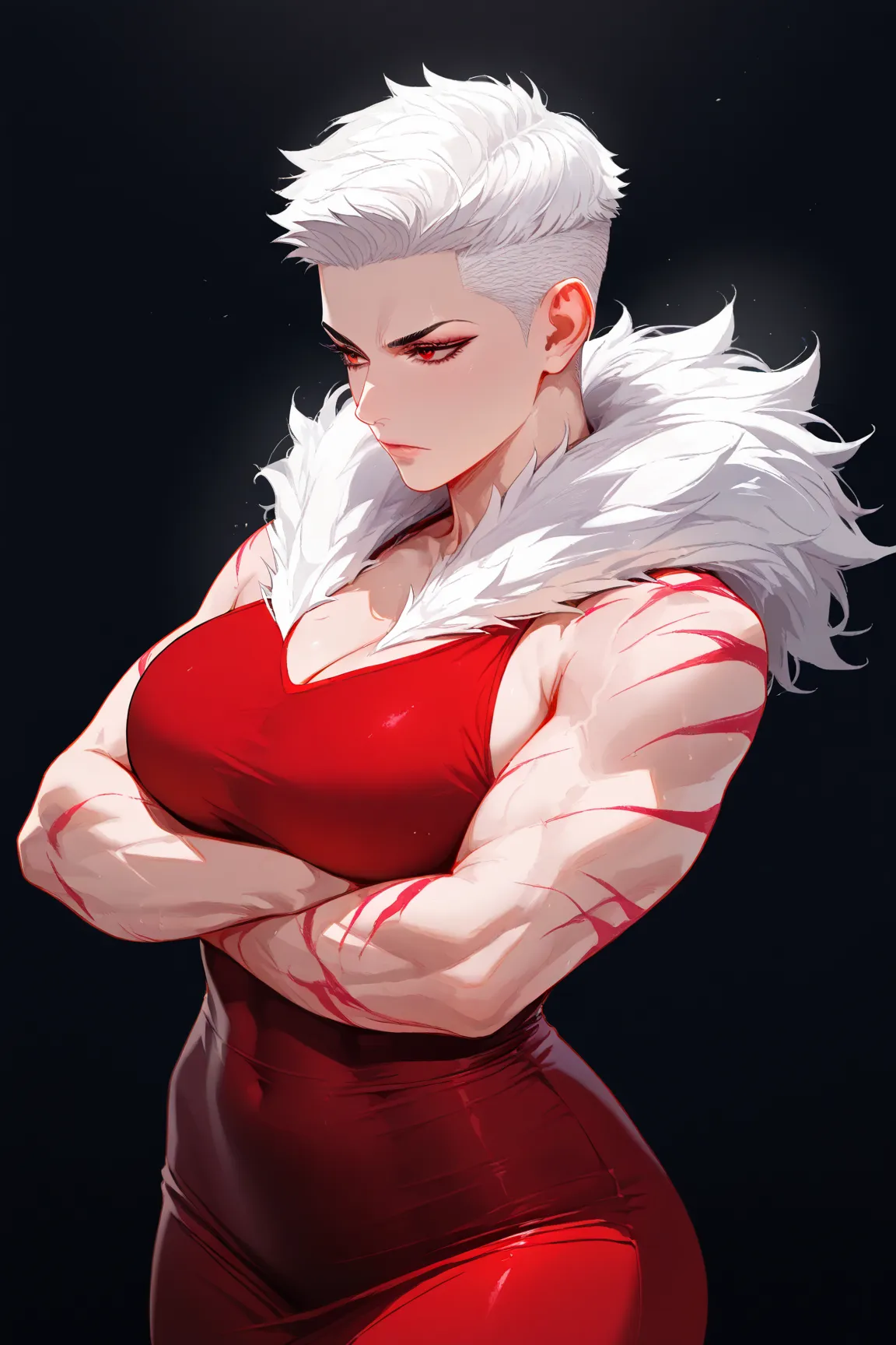 Female, athletic body, Arms crossed, Crystal red eyes, White short spiky hair cut to the side, scarred body, White fur around the neck, red tight dress on her body, red long skirt hanging from her waist, stretching herself and her gaze serious, black backg...