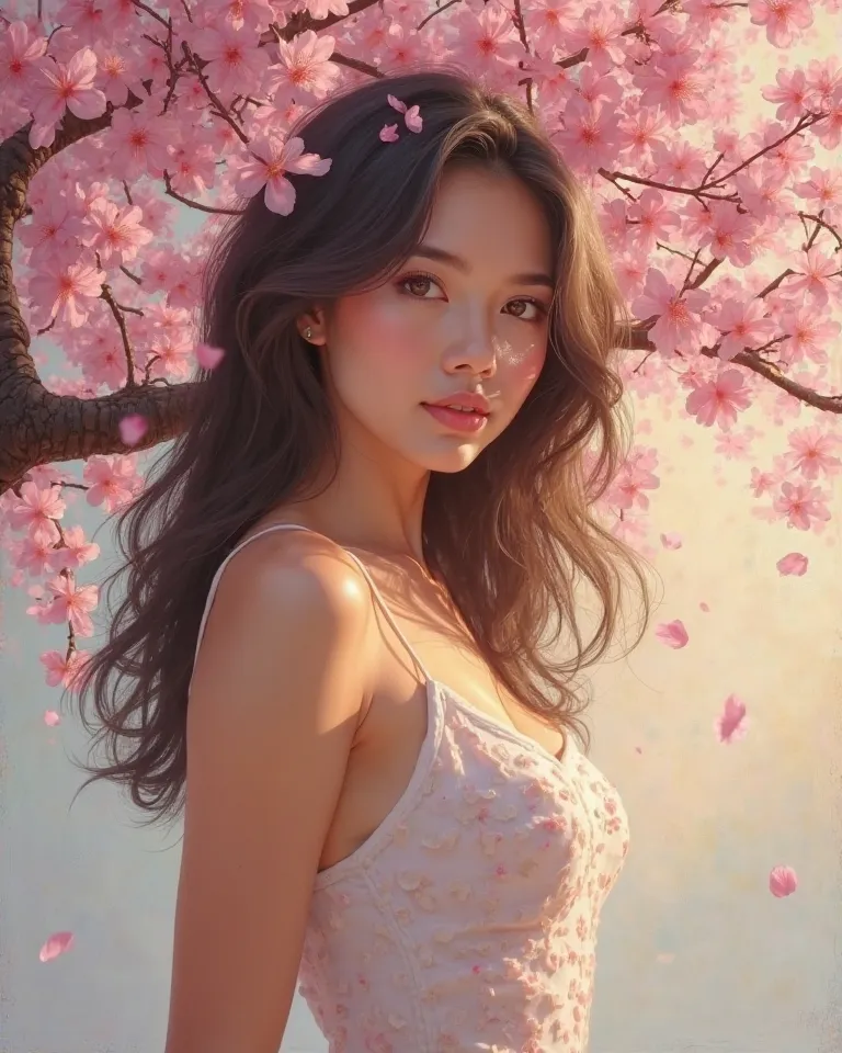 A fine art oil painting of a confident woman with radiant skin, HER BARE BODY standing beneath a blooming cherry blossom tree at dawn, the delicate pink petals falling gently around her in the soft morning light.