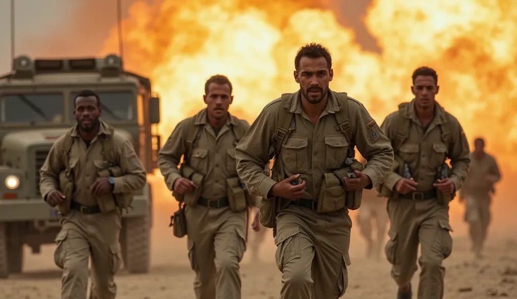 Image is a dynamic action scene from a film, featuring a group of soldiers in military uniforms running away from an explosion. The background is dominated by a large, fiery blast, with flames and smoke billowing into the air. The soldiers, of varying skin...