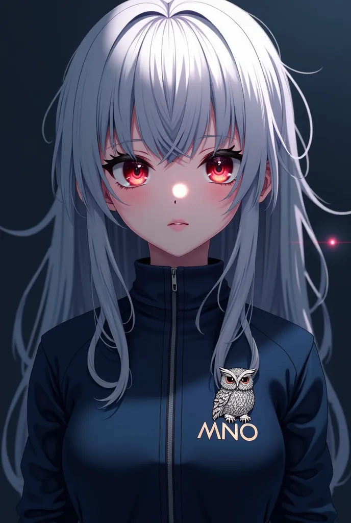 Beautiful 3RD anime girl wearing navy blue jacket with a logo of owl and MNO on it. Dark blue background, long gray hair, front face