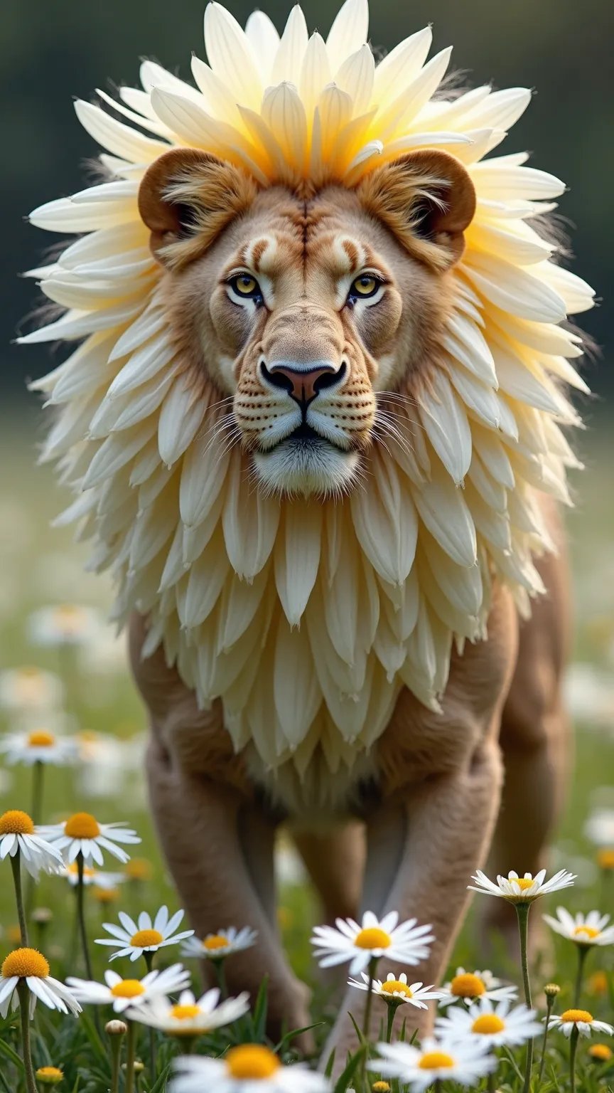 "A striking hybrid of a lion and a daisy. The lion’s body remains muscular and strong, but its mane is now a mass of delicate daisy petals, radiating white and yellow colors. The lion’s fierce eyes remain the same, but the soft petals flow and ripple as if...