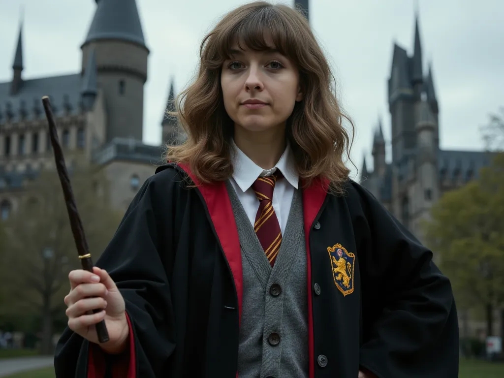 Kasia Sienkiewicz She is in a black robe with red-gold lining and a lion emblem, wearing a gray cardigan, white shirt, and red-gold tie with Hogwarts in the background. She is holding a wand