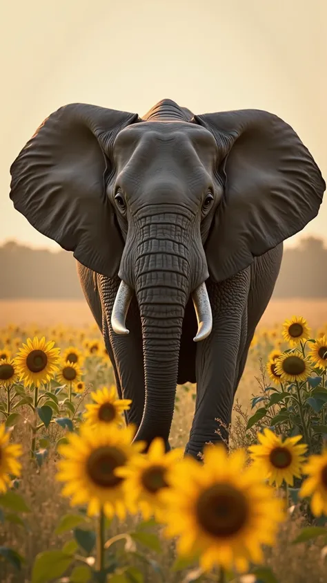 "A giant elephant moves slowly through a golden field of sunflowers, its massive form towering above the flowers. The sunflowers sway gently in the breeze, their bright yellow petals adding color and life to the scene. The elephant's dark gray skin contras...