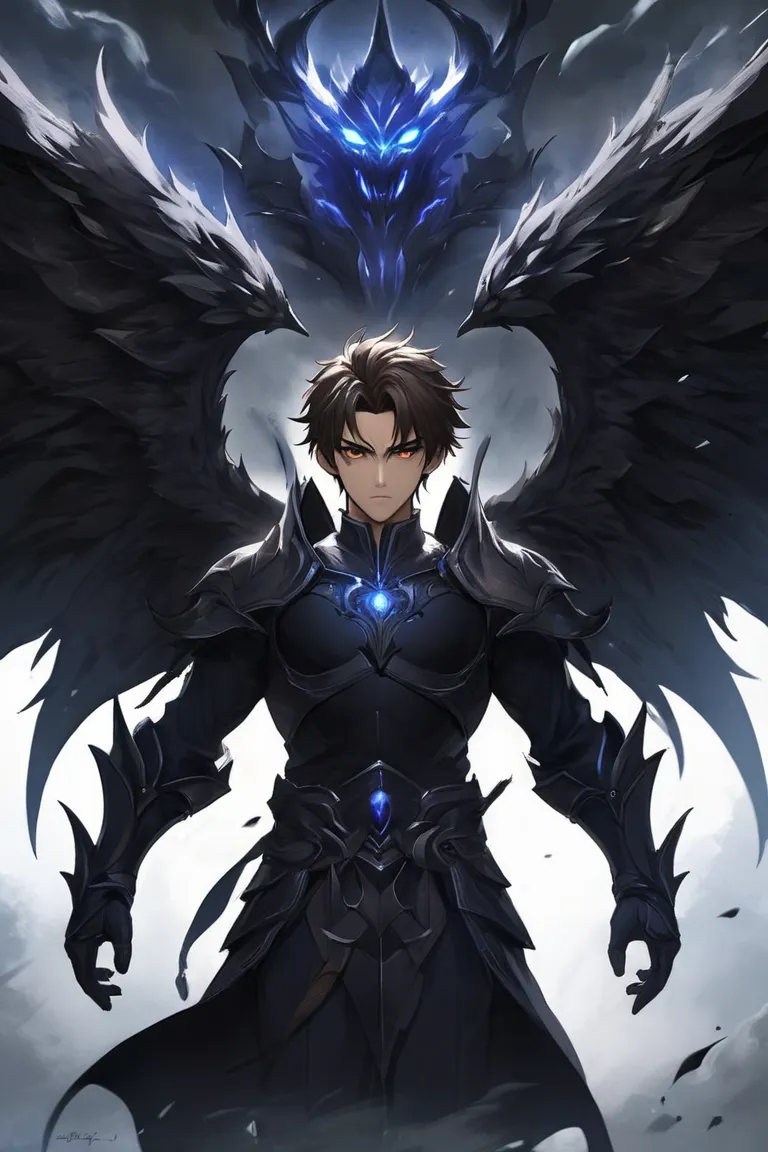 620319897 Anime Boy,  long dark brown hair falls sideways, brown eyes eyebrows, Face that donotes seriousness, Wear a black shirt guard and blue pants, It has demon wings and horns