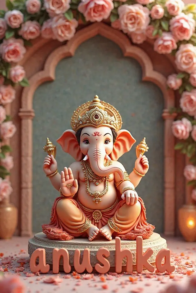 3D image of Lord Ganesha with cute photo in the background and my name "Anushka" written in front of him and lots of flowers and roses above the name and my name should be black