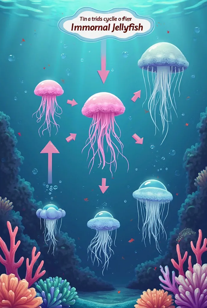 "A colorful educational animation showing the cycle of the immortal jellyfish. Arrows connect its different stages: adult > aging > polyp > young jellyfish again. The background features a deep-sea coral reef, with a text bubble explaining how it avoids de...