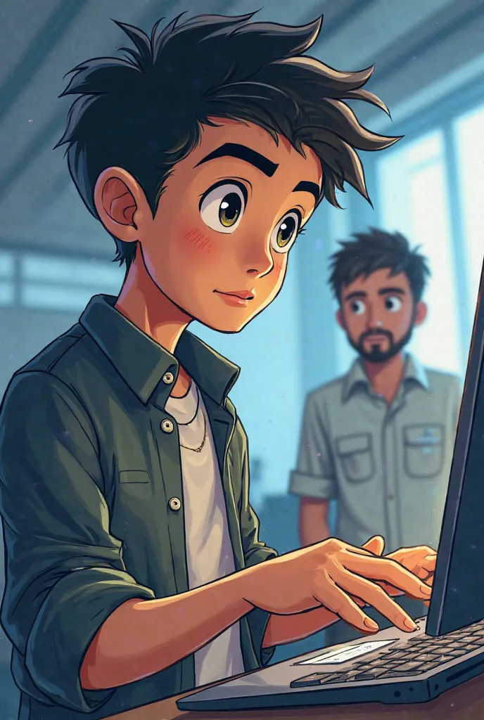 Thiago is now in an internship program within SESI's partner company. . He uses technology to carry out his tasks and interacts with experienced employees. In the background,

Jorge observes, surprised.       Make me anime style