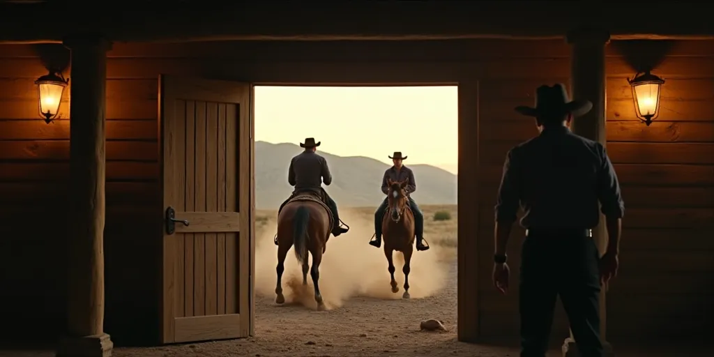 In a wide shot, the exterior of a rustic bar is visible as dusk settles. A man on horseback, seen from behind, gallops away at full speed, kicking up dust as he flees. Near the entrance, another man stands outside, his stance firm, pointing directly at the...