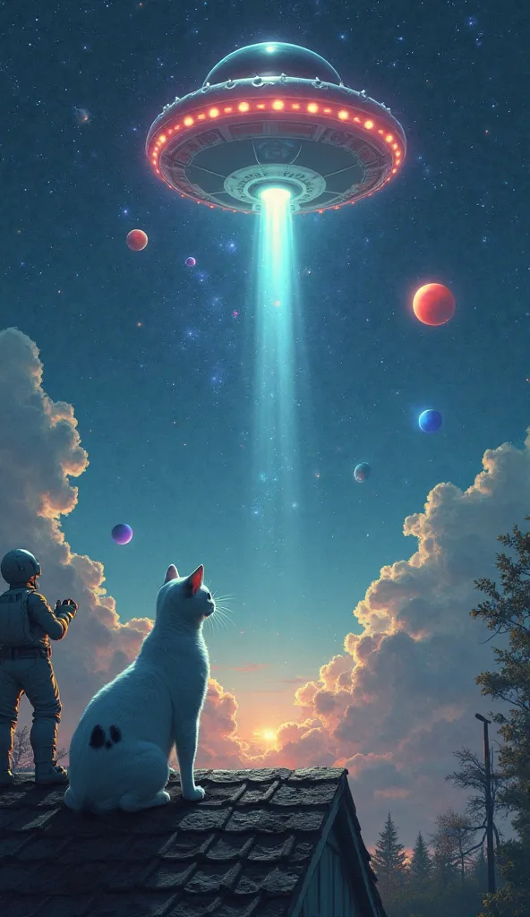 On a starry night, a white cat with gray patches looks at the sky from the roof of a house. Suddenly, a UFO appears and a beam of light surrounds it, slowly lifting it towards the ship. The scene changes to another universe, with colorful planets and a sur...