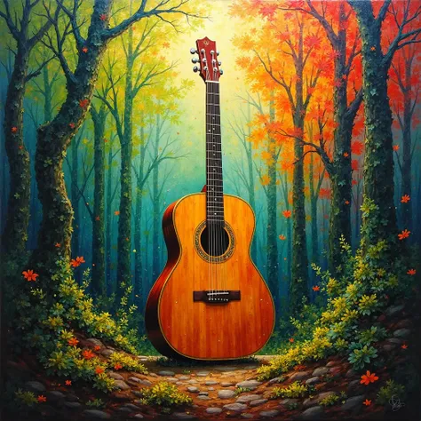 A vibrant and abstract painting featuring A Guitar In Middle Of Forest. The background is an explosion of bold, textured colors, with fiery green, deep orange, and dark green together in a dramatic and expressive manner. The brushstrokes are bold and dynam...