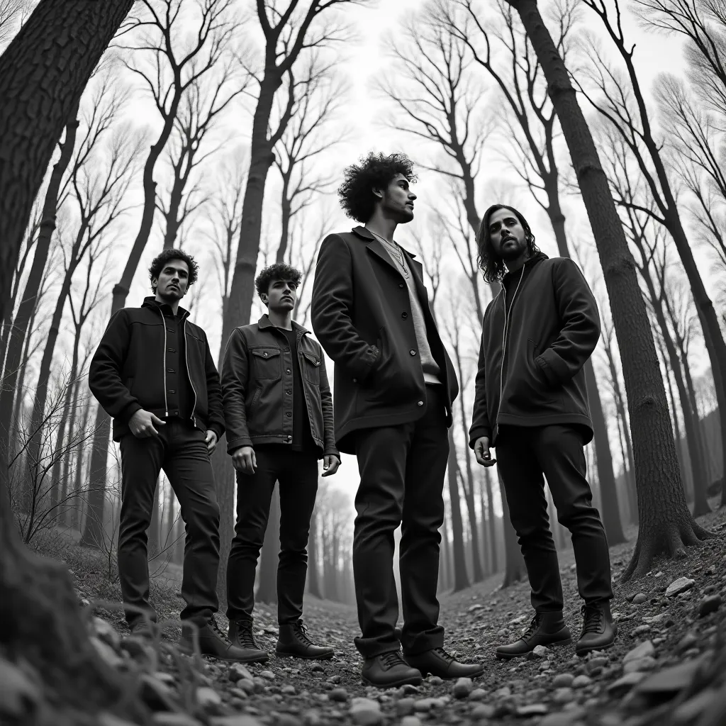 Black and white cover of a punk album from the 90s:1.5)0.9], (Vocalist Homem Branco Goth and his band composed of 3 men in a forest of dry trees:1.2) ( The angle of the photo is from bottom to top :1.2) (image with characteristics of an old photo from the ...