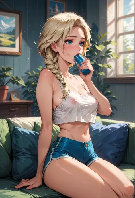 score_9, score_8_up, score_7_up, score_6_up, cinematic film still, 1girl, mature elsa (blonde hair, braid:1.1), (sexy short tight booty shorts, blue:1.3), (loose_cropped_top, white:1.4), sideboob, relaxing on big comfy couch, lovely living room, feet under...