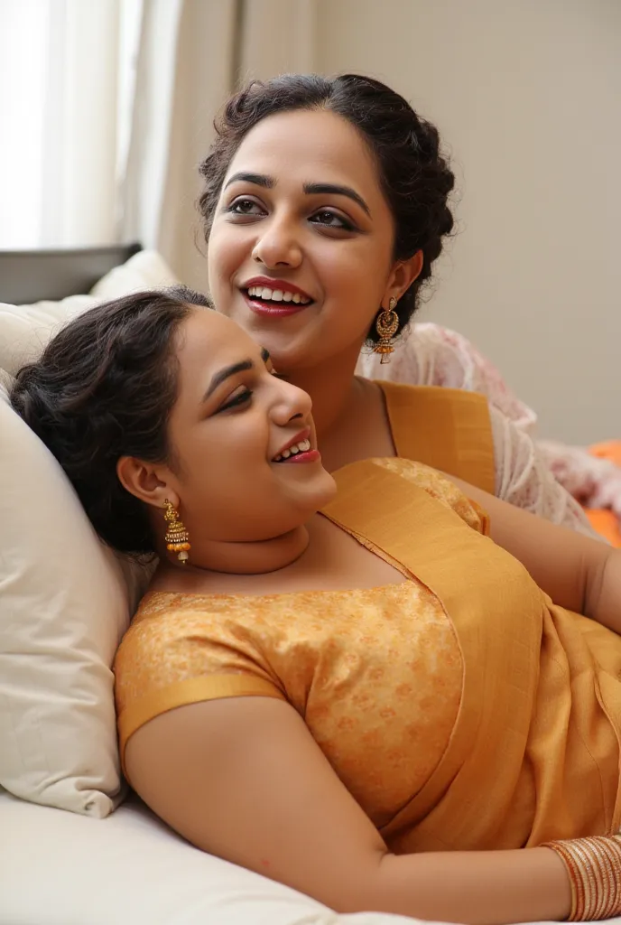 a beautiful gorgeous thick chubby indian hindu woman wearing sexy saree and blouse, bindi on her forehead, huge breasts, big ass, sexy curvy figure, radiant glowing white skin, beautiful sexy curves, woman laying in bed with young age handsome indian thin ...