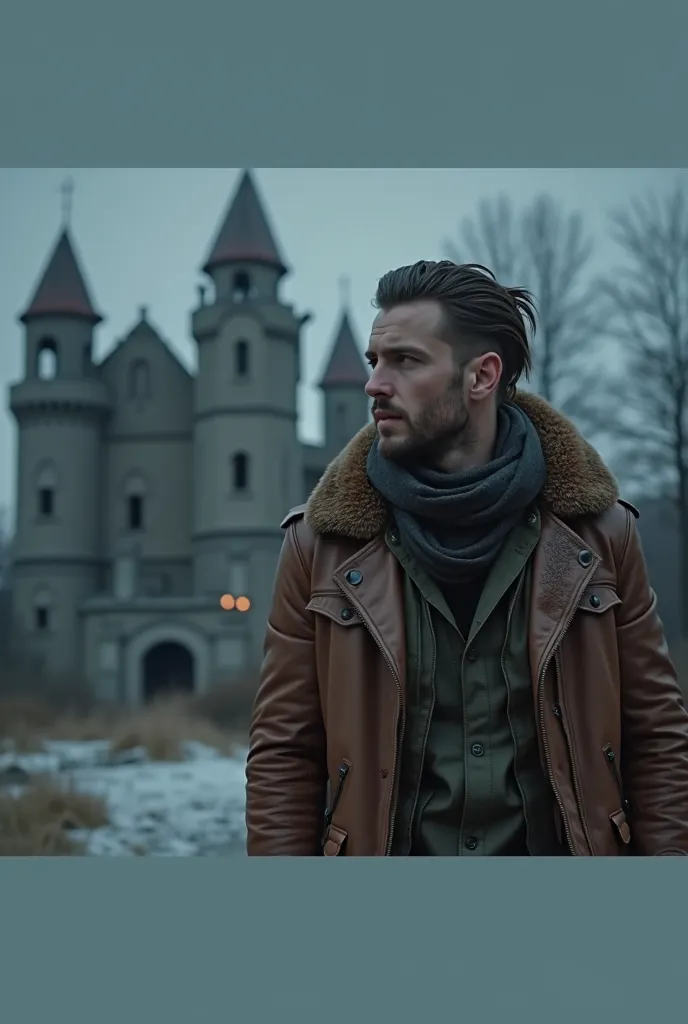 Handsome male , slicked back undercut hairstyle , ex special forces, look similar Armie Hammer, wearing brown fur collar leather jacket green tactical shirt, tactical scarf
 , ruined castle inspired from resident evil 4 in atmosphere of silent hill backgro...