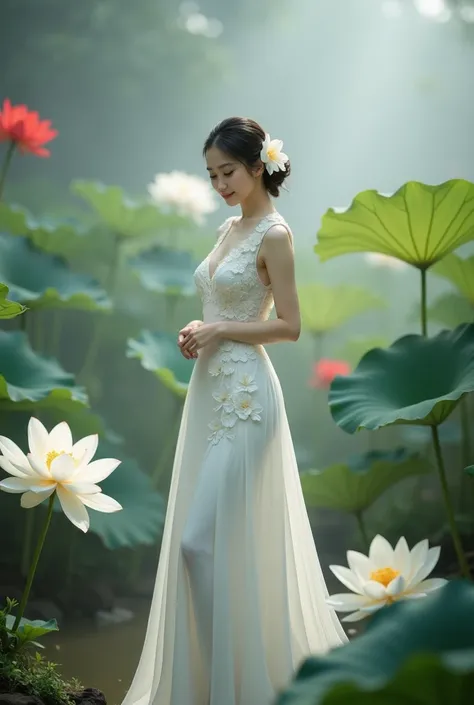 a woman in an elegant, flowing white gown adorned with floral designs. She is standing in a serene environment surrounded by large lotus flowers in various colors, including white and red, along with broad green leaves. The setting resembles a tranquil gar...