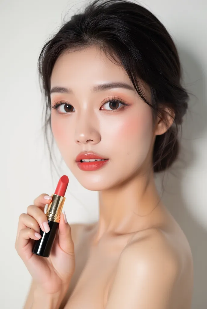 (Ultra-detailed RAW photo:1.3), (professional makeup advertisement:1.2), A beautiful Asian woman holding (luxury lipstick:1.4) in elegant hand pose, (flawless natural makeup:1.3), (soft studio lighting:1.2), (commercial photography style:1.3), (product clo...