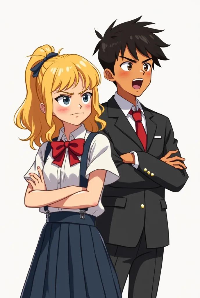 2D drawing other than anime of a blond and skinned girl Olán with her arms crossed and an angry expression and next to her a boy with tan skin and dark hair who is laughing at his anger in an American uniform from a boarding school 