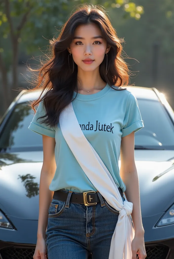 beautiful Asian woman,wavy hair,perfect mody,clean white skin,wearing a light blue t shirt with says "panda jutek",dark blue jeans fitting,black belt and a white soesh,stand back on the dark black sport car.
