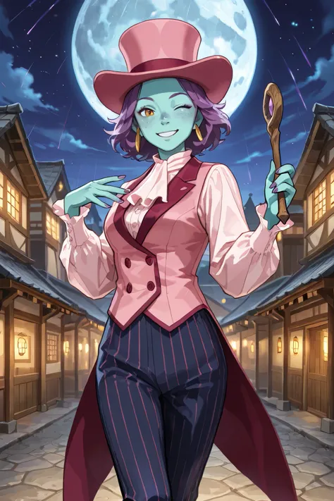 triton, solo, female, turquoise skin, lavender colored hair, freckles, (wearing a large pink silk top hat), gold eyes, (wearing a pink vest), [[a ruffled colonial white shirt underneath the pink vest]], red colonial era cravat with embeded gem,  top hat fi...