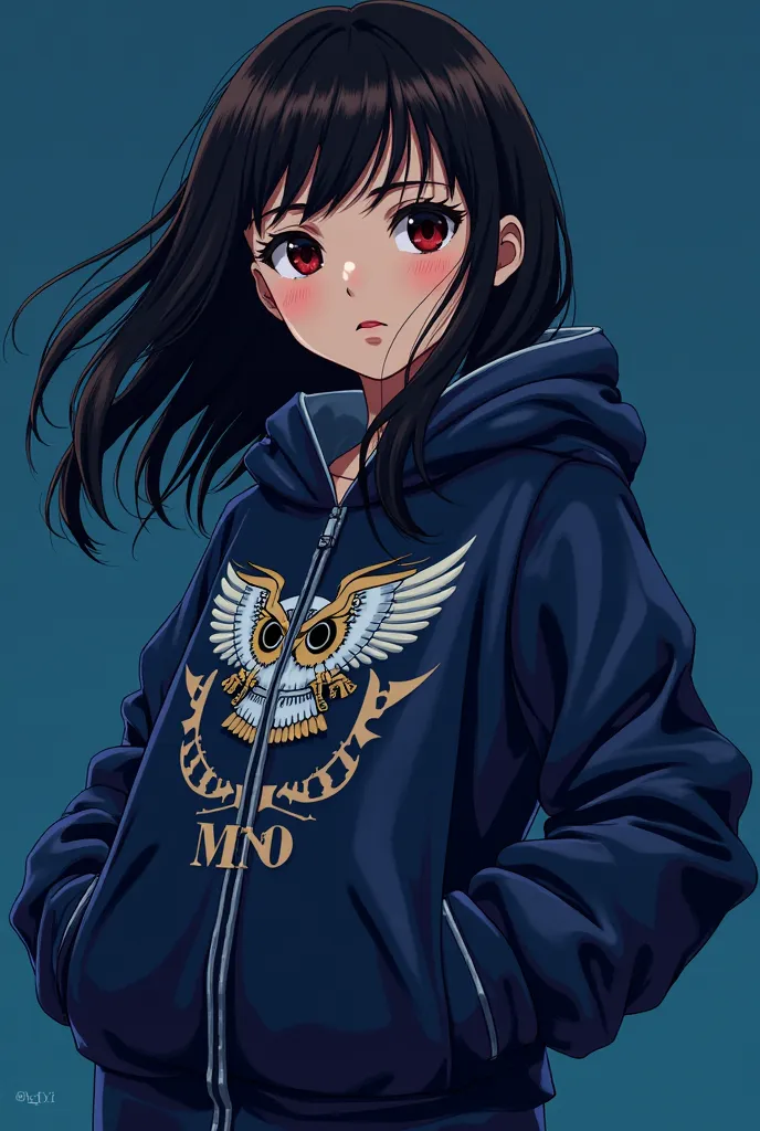 3RD anime girl wearing navy blue jacket with a logo of owl and MNO on it. Dark blue background, black hair