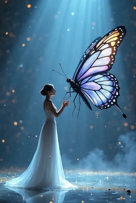 Design a captivating scene featuring a mystical interaction between a graceful woman in an elegant white gown and a human-sized butterfly standing upright with delicate poise. The butterfly should display anthropomorphic qualities, with a curious and gentl...